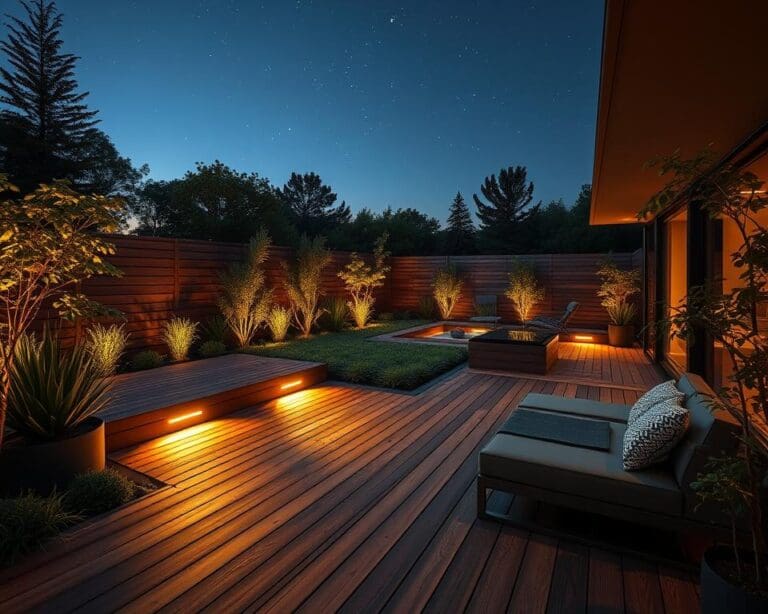 Beleuchtete Holzdecks für moderne Gartenbeleuchtung