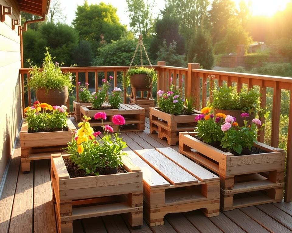 DIY-Palettenmöbel mit eingebauten Blumenkästen für die Terrasse