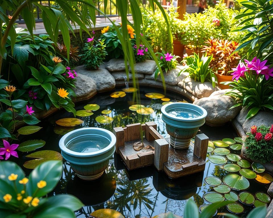 Naturnahe Teiche mit Wasserspendern für kleine Gärten